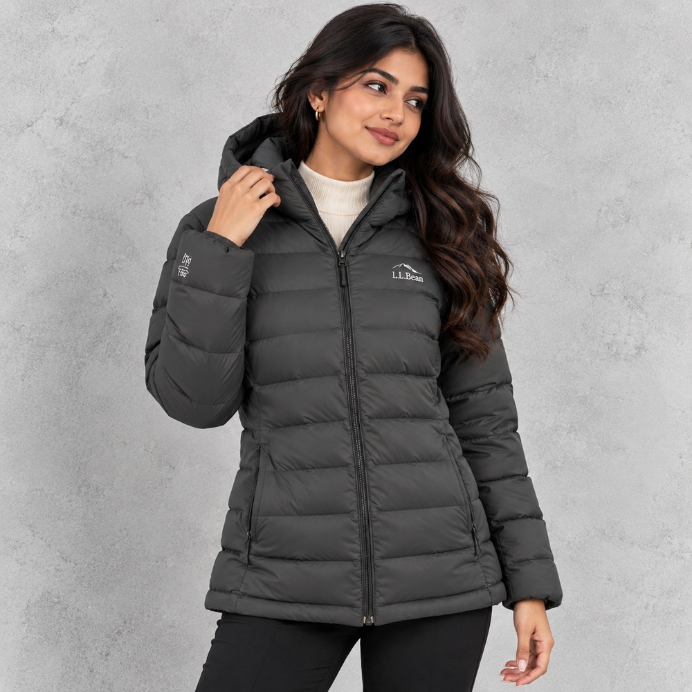 L.L. Bean Ultralight 850 Down Women's Hooded Jacket Winter Black Gray M Reg